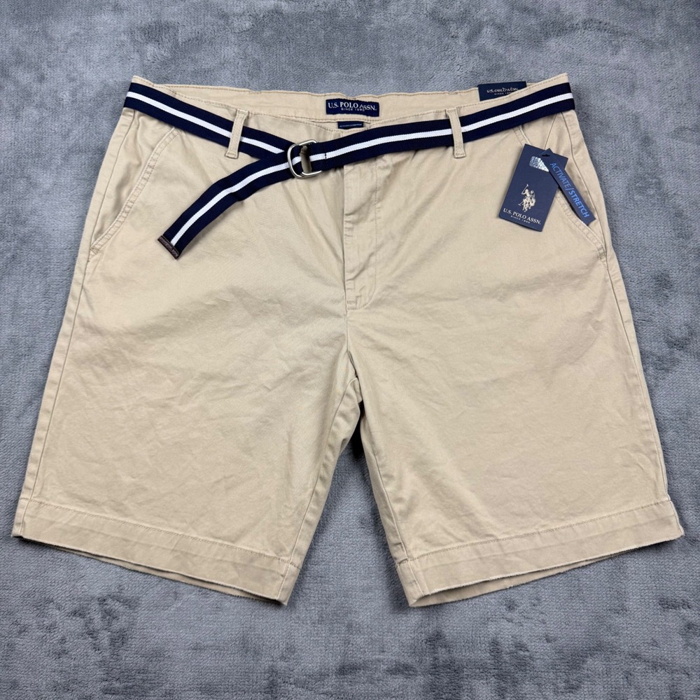 US Polo Assn Mens Hartford Chino Shorts Tan Khaki W42 Stretch Belted NWT